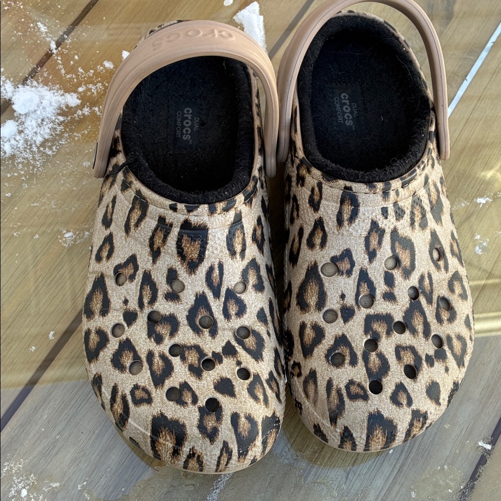 CROCS Leopard Print Clog Mules in Tan and Black
